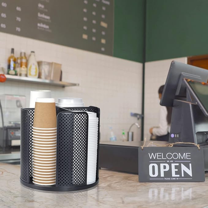 Cup and Lid Organizer, 360° Rotatable Coffee Cup Holder for Disposable Plastic and Paper Cups of 5 to 16 oz, 4 Compartments Detachable Countertop Cup Dispenser Coffee Station, Black