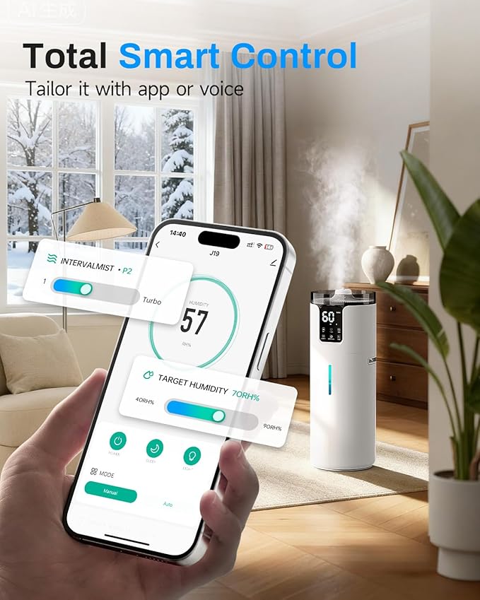 16L Smart Humidifier large room, Whole house Humidifier for Home 1500 sq.ft with APP/Voice/Remote Control, Ultrasonic Cool Mist Humidifiers for Bedroom, Plants, office with Tube, White