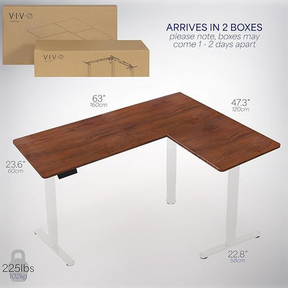 VIVO Electric Corner 63 x 47 inch L-Shaped Standing Desk, Memory Height Adjustment, Dark Walnut Top White Frame, DESK-E3CTWD-47