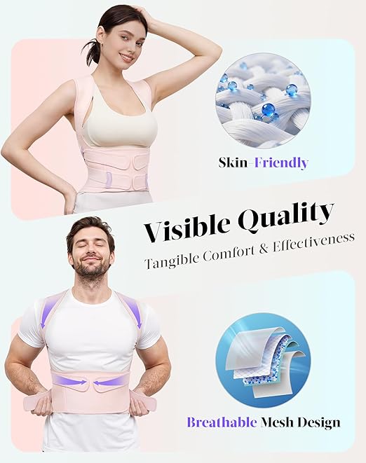 Posture Corrector for Women and Men, 5 Full Back Support Brace Rods, Adjustable Shoulder Straightener, FSA&HSA Eligible, Relief for Upper and Lower Back, Lumbar, Neck Pain (Pink, Medium)