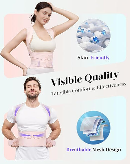 Posture Corrector for Women and Men, 5 Full Back Support Brace Rods, Adjustable Shoulder Straightener, FSA&HSA Eligible, Relief for Upper and Lower Back, Lumbar, Neck Pain (Pink, Large)