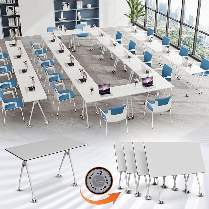 Folding Conference Table, Rectangular Conference Room Tables, Mobile Modular Training Table, Solid Steel Frame,Thickened Panel,for Offices,Meeting Room,Offices andSchools (6, White, 71in)
