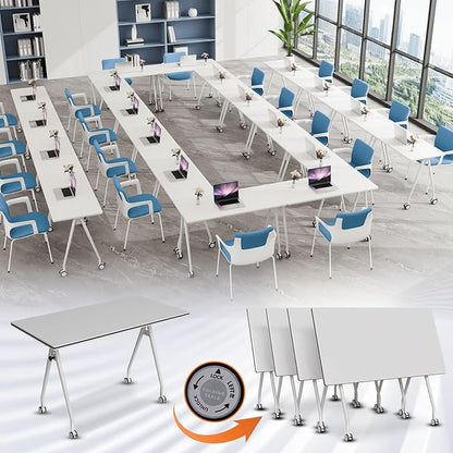 Folding Conference Table, Rectangular Conference Room Tables, Mobile Modular Training Table, Solid Steel Frame,Thickened Panel,for Offices,Meeting Room,Offices andSchools (6, White, 71in)