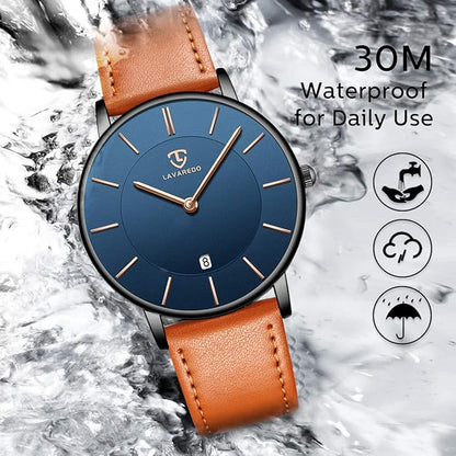 L LAVAREDO Watch for Men, Extremely Thin Mens Watches Minimalist Analog Men's Leather Wrist Watches with Time/Date, Birthday Gift for Men Boyfriend