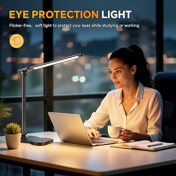 Desk Lamps for Home Office, Dimmable LED Desk Lamp, 5 Color Modes, 10 Brightness, Touch Desk Light with USB Charging Port for Nail Craft Puzzle Sewing Study - White