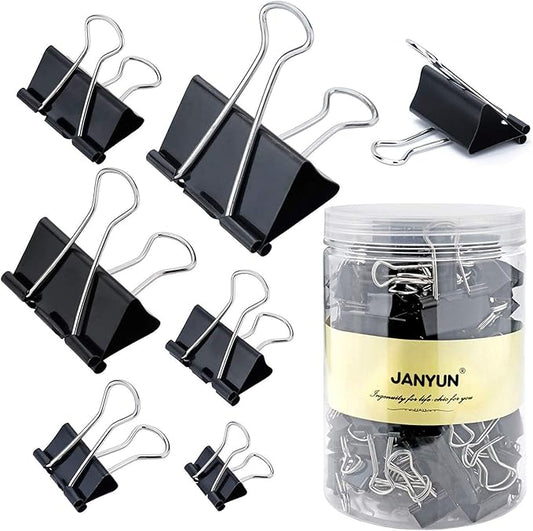 JANYUN 150Pcs Large Binder Clips 6 Assorted Sizes Paper Clamps Clip for Paper Metal Clip Office School Home Supplies (Black)