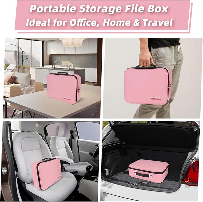 Fireproof Document Box Hard Case With Lock, Multi-Layer Fire Proof Water Resistant Safe Box File Organizer Bag With Small Money Bag for Important Documents Passport Certificates Laptop (Pink)