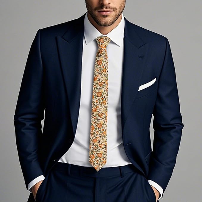 Cotton Floral Ties for Men 2.76" Men's Skinny Tie Linen Flower Printed Neck Tie for Wedding Dating Party