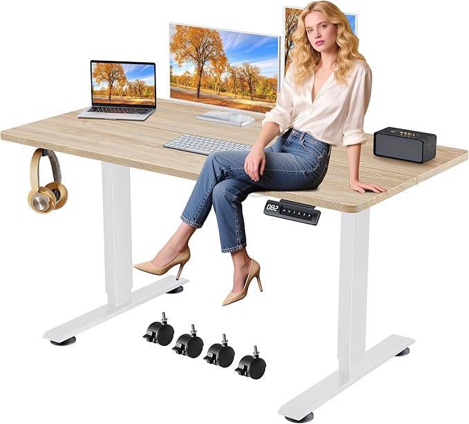 Himimi Electric Standing Desk Adjustable Height,63 x 24 inch Sit Stand up Adjustable Desk with Memory Presets,Portable Computer Desk for Gaming/Working,Free Hook, Lockable Wheels,Mouse Pad,Oak