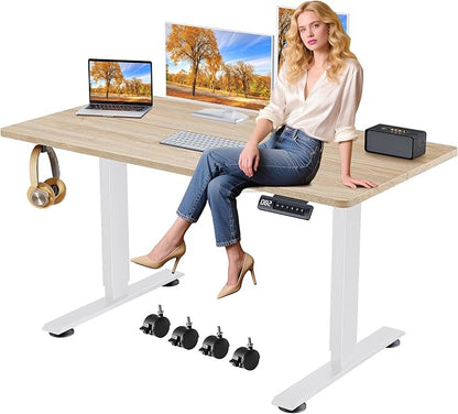 Himimi Electric Standing Desk Adjustable Height,63 x 24 inch Sit Stand up Adjustable Desk with Memory Presets,Portable Computer Desk for Gaming/Working,Free Hook, Lockable Wheels,Mouse Pad,Oak
