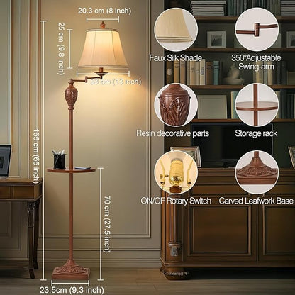 Traditional LED Floor Lamp with 350° Adjustable Swing Arm Lamp – Vintage Standing Pole lamp for Living Room, Bedroom and Office – Rustic Upright Floor Light for Home Décor with Faux Silk Fabric Shade