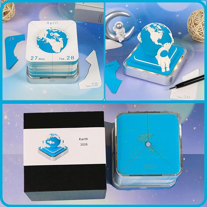 Time Piece Calendar 2026 3D Memo Pad Desk Calendar Tear Away Notepad with Lights DIY Art Carving Sticky Notes Artwork Gift for Thanksgiving Christmas Office Desktop Decoration-Blue Earth