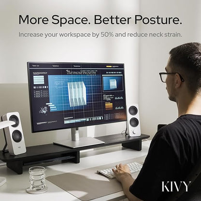 KIVY Dual Monitor Riser With Integrated Metal Shelf [MADE BY HAND] - Wooden Desk Shelf for 2 Monitors - Wide Long Stand for Desk (44 x10x3in - Black)