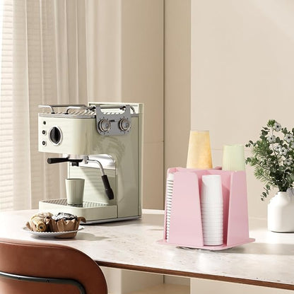 Coffee Cup Organizer for Countertop - Rotating Plastic Cup Holder 4 Compartments Pink Acrylic Cup and Lid Holder for Coffee Bar Restaurant Breakroom Disposable Paper Coffee Cup Dispenser