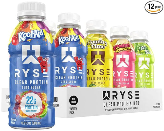 RYSE Clear Protein Drink - Variety Pack - 100 Calories, 22g Whey Isolate Protein Shake, Sugar-Free, 0g Fat & Lactose-Free - Refreshing Ready-to-Drink Beverage - 16.9 fl oz Bottles (12-Pack)