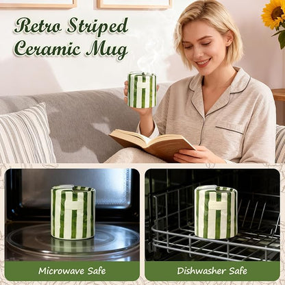 Novelty Ceramic Coffee Mug Designed to Look Like a Gift Box, 10oz Retro Hand-Painted Ceramic Travel Mug, Green & White Striped Design, Microwave & Dishwasher Safe, Perfect Present for Coffee Lovers