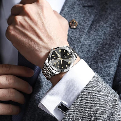 Men's Casual Stainless Steel Watch, Big Face Easy to Read Analog Quartz Watch with Day and Date, Classic Waterproof Diamond Roman Arabic Numerals Dial Dress Watch for Men, Gold Silver Black Band