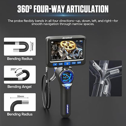 4-Way 360° Articulating Borescope with 6 Light, Endoscope Camera with 6.2mm Probe, 8X Zoom 5.0FT Semi-Rigid Cable Inspection Camera for Automotive Engine Pipe HVAC