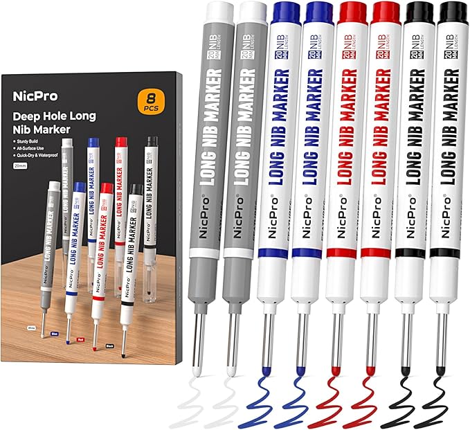 Nicpro 8 PCS Long Nib Marker Pens, 20mm Deep Hole Marker, Quick Dry & Waterproof Construction Markers, Long Head Markers for Metal, Steel, Tile, Glass, Carpenter Marking Pen for Woodworking