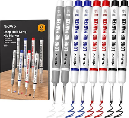 Nicpro 8 PCS Long Nib Marker Pens, 20mm Deep Hole Marker, Quick Dry & Waterproof Construction Markers, Long Head Markers for Metal, Steel, Tile, Glass, Carpenter Marking Pen for Woodworking