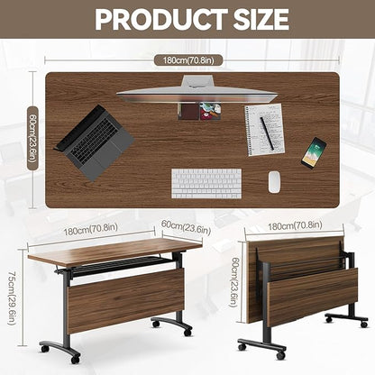 Conference Table Folding Conference Room Tables, Modern Mobile Meeting Training Table with Silent Wheels, Foldable Seminar Table for Offices, Classrooms, Libraries (8, Walnut, 70.8in)