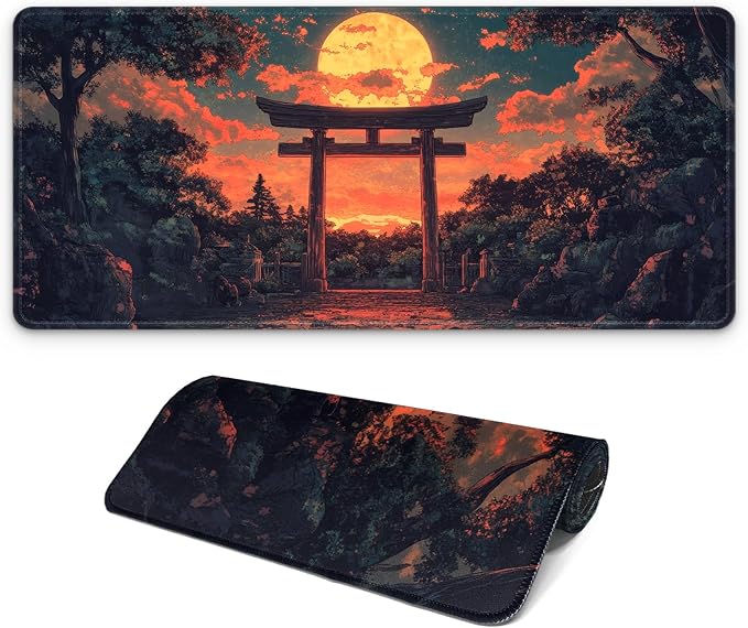 Japanese Forest Full Moon Gaming Mouse Pad with Non-Slip Rubber Base, Large Anime Mousepad with Stitched Edges, Long Keyboard Mat for Home and Office, 31.5 x 11.8 inches