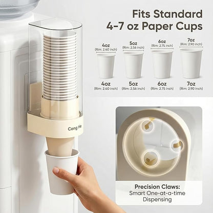 Cup Dispenser Wall Mounted, Large Capacity Bathroom Cup Holder for 4-6oz Cups, Dustproof Water Cooler Organizers with 50 Absorbent Coasters, Beige