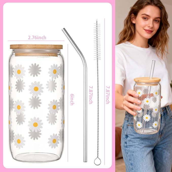 Cute Glass Cups with Lids and Straws, Daisy Flower Iced Coffee Smoothie Matcha Cup Tumbler Birthday Gifts for Women Sister Friend Her Preppy Teenage Girls Teen Girl Gifts Trendy Stuff Things