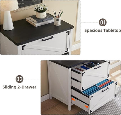 JXQTLINGMU 2 Drawer Farmhouse File Cabinet, Lateral Filing Cabinet with Lock for Home Office, Compatible Legal Letter A4 F4 Size, White