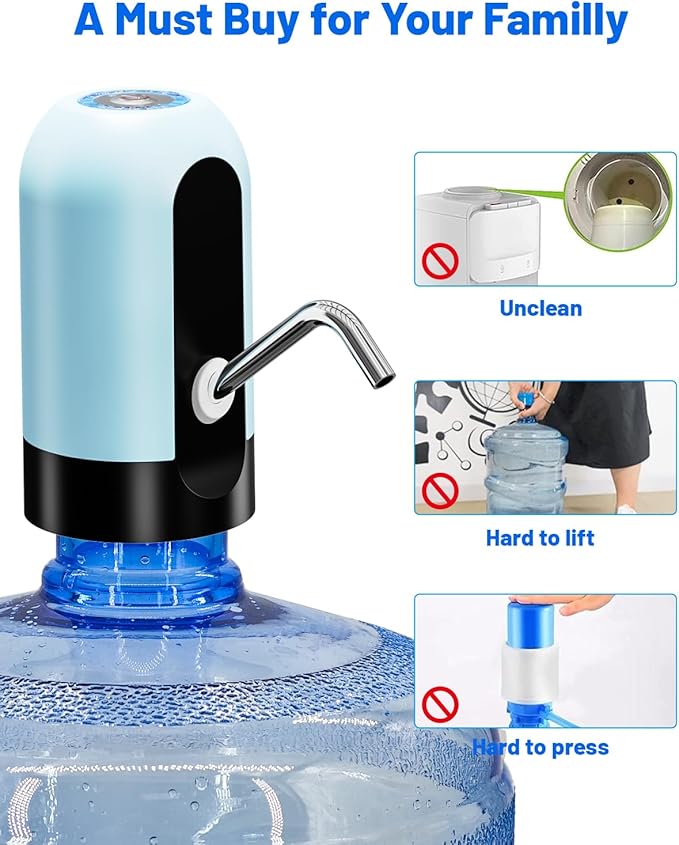 Myvision Water Dispenser for 5 Gallon Bottle, Portable USB Charging Electric Water Pump, Drinking Water Jug Pump for Home, Kitchen, Living Room, Office, Camping, Universal for 3-5 Gallon (Blue)
