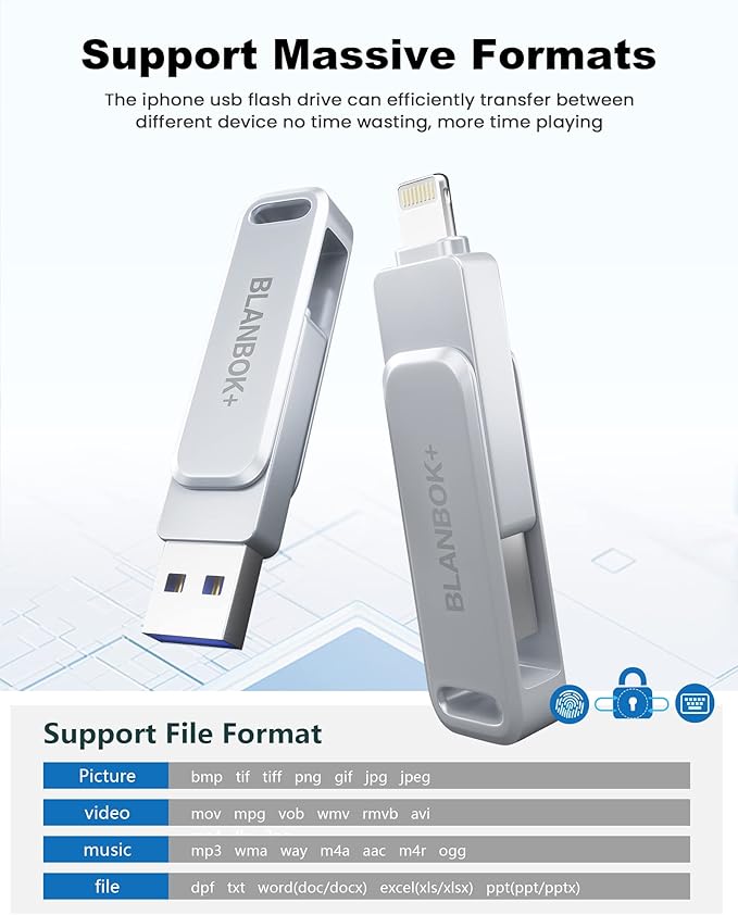 MFi Certified 256GB Flash Drive for iPhone Photo Stick, USB Memory Stick High Speed iPhone Flash Drive, External Memory Storage USB Stick Thumb Drive for iPhone/iPad/Android/PC (Metallic Silver)