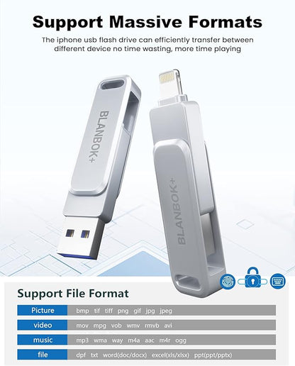 MFi Certified 256GB Flash Drive for iPhone Photo Stick, USB Memory Stick High Speed iPhone Flash Drive, External Memory Storage USB Stick Thumb Drive for iPhone/iPad/Android/PC (Metallic Silver)