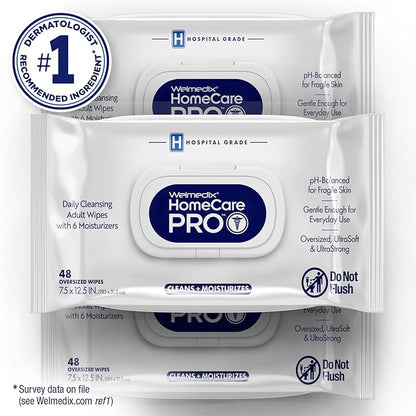 Homecare Pro Oversized Daily Cleansing Adult Wipes With 6 Moisturizers Wet Cleansing, Rinse Free, Bathing Wipes, Hospital Grade pH Balanced for Fragile Skin - | 48 Count XL |- 3 Pack