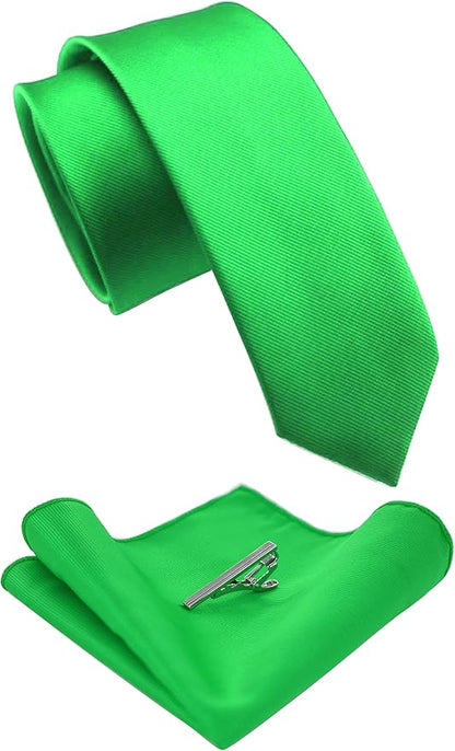 JEMYGINS 2.4" Solid Color Skinny Tie and Pocket Square with Tie Clip Sets for Men (6cm)