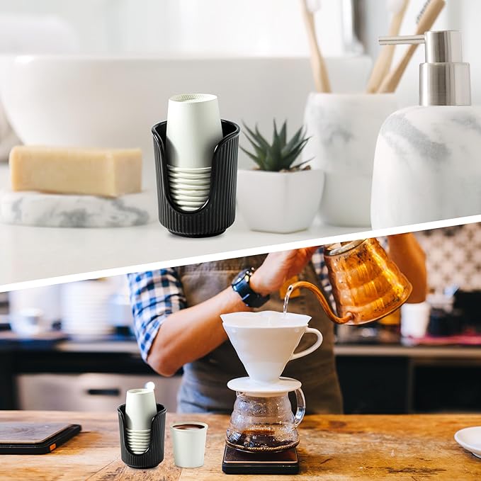 Ceramic Bathroom Cup Dispenser with Stylish Vertical Stripes - Disposable Mouthwash Cup Holder Holds 3-4oz Paper Cups for Rinsing Cups on Bathroom Vanity Countertops (Black)