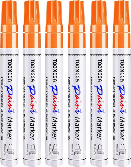 Orange Permanent Paint Pens - 6 Pack Oil Based Paint Markers, Pens For Rock Painting Car Tyre Metal, Plastic, Canvas, Mugs, Wood, Glass, Quick Drying and Waterproof, Medium Point