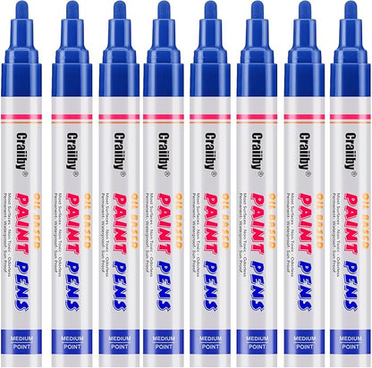Blue Paint Markers, 8 Pack Oil-Based Waterproof Quick Dry Permanent Paint Pen Set for Rocks Painting, Wood, Fabric, Plastic, Canvas, Glass, Mugs, Metal, Tire, Stone, DIY Craft
