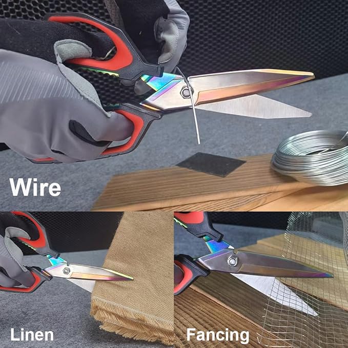 Heavy Duty Scissors 9.5'', Titanium Coating Forged Stainless Steel Blades, Industrial Utility Shears for Garage, Household, Construction, easy Cutting Cardboard, Wire, Leather, Carpet.