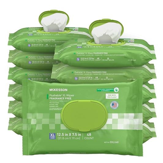 McKesson Flushable* Adult Wet Wipes XL – 576 Wipes (12 Pack of 48) – Aloe & Vitamin E, Plant-Based Cleansing Wipes, Unscented, Extra Large
