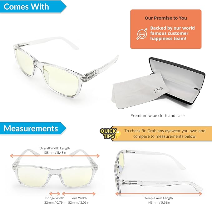 J+S Vision Blue Light Blocking Glasses for Men Women | Computer Gaming Work| Anti Strain Fatigue UV Glare | Medium-Small Fit