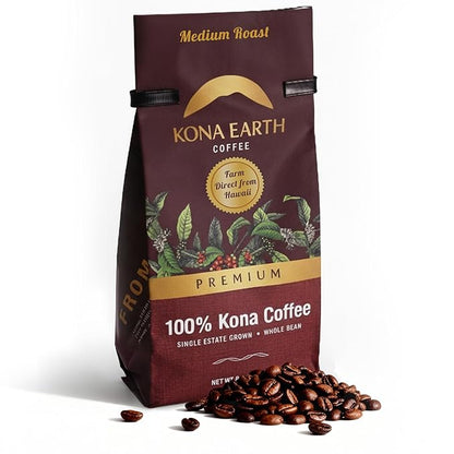 KONA EARTH 100% Kona Premium Coffee, Medium Roast, Whole Bean, (8oz) Farm-Direct Authentic Hawaiian Kona Coffee beans from Hawaii’s Big Island, Micro-Batch-Roasted