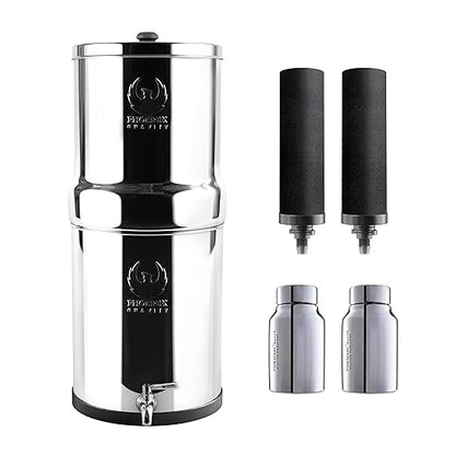 Gravity Water Filter System - 1.5 Gallons NSF Certified AISI 304 Stainless Steel Water Filter with 2 Smart Carbon Filters, 2 POSTreat Steel Fluoride Removal Elements & Free Stainless Steel Spigot