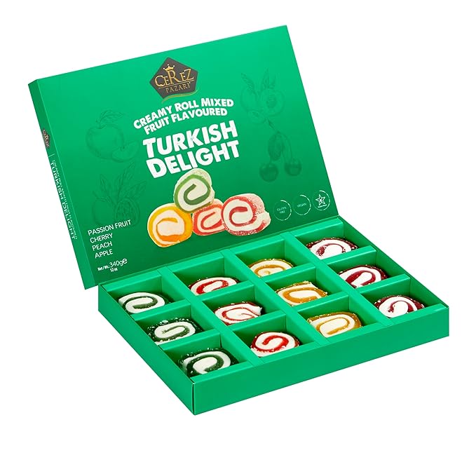 Cerez Pazari Turkish Delight Candy, Creamy Roll Mixed Fruit Flavored Vegan Gifts, Gourmet Snacks Gift Box | Gluten-Free Vegan Candy, Plant Based Snacks, Traditional Gourmet Dessert, 12 oz.