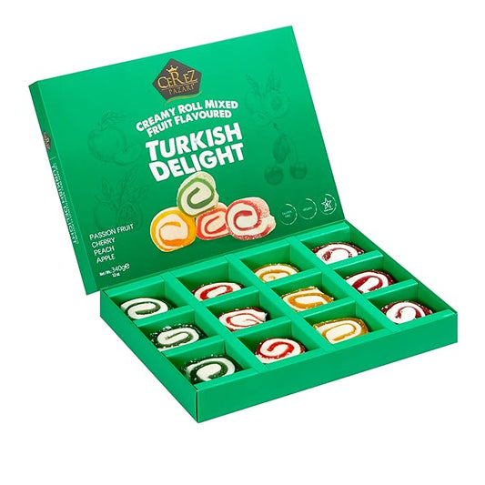 Cerez Pazari Turkish Delight Candy, Creamy Roll Mixed Fruit Flavored Vegan Gifts, Gourmet Snacks Gift Box | Gluten-Free Vegan Candy, Plant Based Snacks, Traditional Gourmet Dessert, 12 oz.