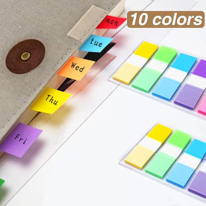 KICNIC Sticky Tabs 1000 Pcs (1.77 * 0.47 in),Fluorescent Pop Up Book Tabs, Adhesive Index Tabs for Annotating Books, Page Marker Flags, Reusable for School, Binder, Office, 8 Dispensers (10 Colors)