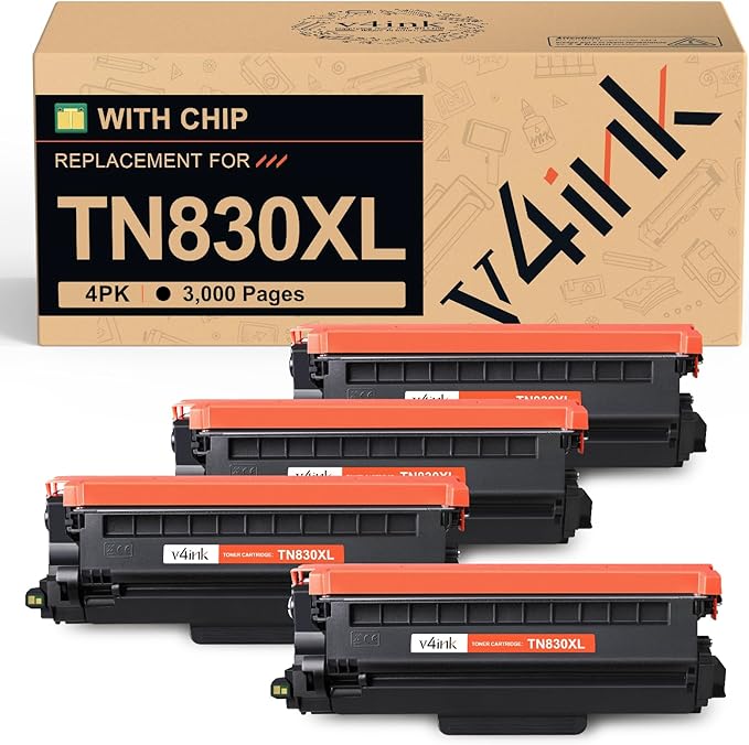 v4ink TN830XL Toner Cartridge Ink for Brother HL-L2460DW Printer Replacement for TN830 XL TN830 TN-830XL Toner Set for DCP-L2640DW HL-L2405W HL-L2400D MFC-L2820DW HL-L2480DW Printer, 4PK High Yi