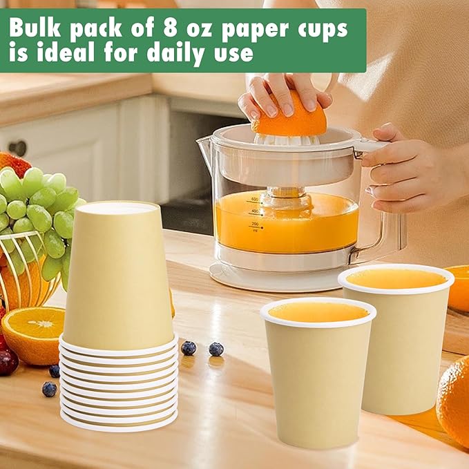 Paper Cups 8 oz 25 Pack, Disposable Paper Coffee Cups for Hot or Cold Beverage Drinking for Party, Picnic, BBQ, Travel, and Event -Khaki