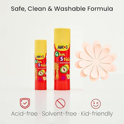 AMOS Glue Sticks — 22 g (0.78 oz), 20 Sticks in Display Box, Kid’s Design for Classroom, Home & Crafts — Washable, Non-Toxic, Acid-Free