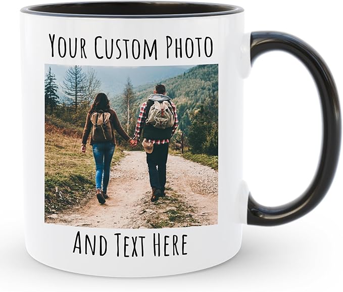 Personalized Coffee Mug, Custom Picture Text or Logo Ceramic Mug, Customized Gift for Men & Women, Taza Personalizada with Photo and Words, Customizable 11 Oz Tea Cup | White - Black