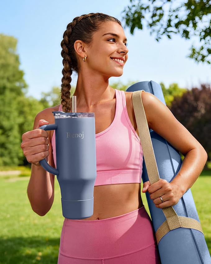 Renoj Tumbler with Handle 100% Leak Proof Insulated Water Bottle for Iced Coffee & Hot Drinks - Fits Car Cup Holder, Ideal Gift, 2 Straws & Silicone Boot BPA-Free - SnapShift Navy Blue 40 oz